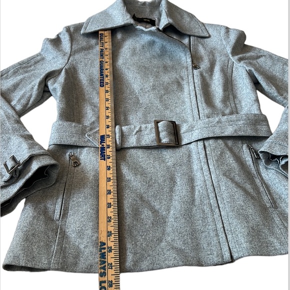 MNG Wool Blend Moto Zip Up Belted Jacket Gray Quilted Satin Lining Size US Small - Picture 5 of 16